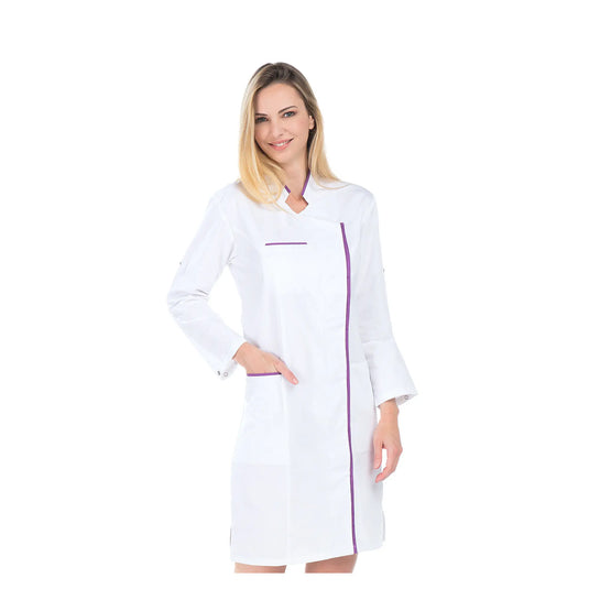 Adeline - Lange blouse - Converteerbare lange mouwen - Dames - 100 cm Mijn blouse Sergé-Wit-Paars-T6-XXXL