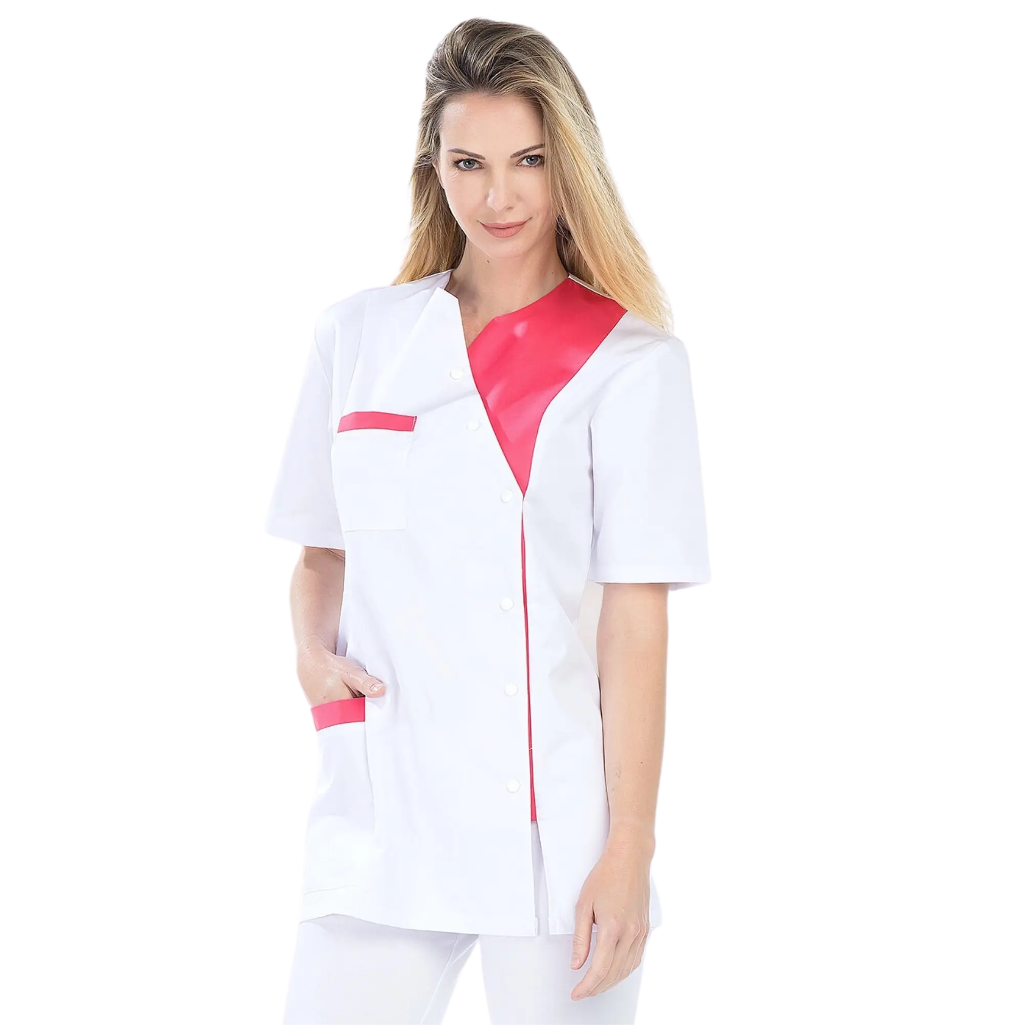 Agathe - Tuniek - Korte mouwen - Dames - 75 cm My Blouse Twill-Wit-Fuschia-T6-XXXL