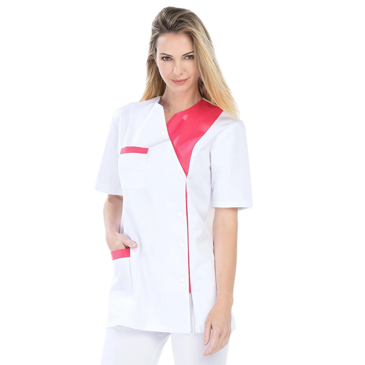Agathe - Tuniek - Korte mouwen - Dames - 75 cm My Blouse Twill-Wit-Fuschia-T6-XXXL