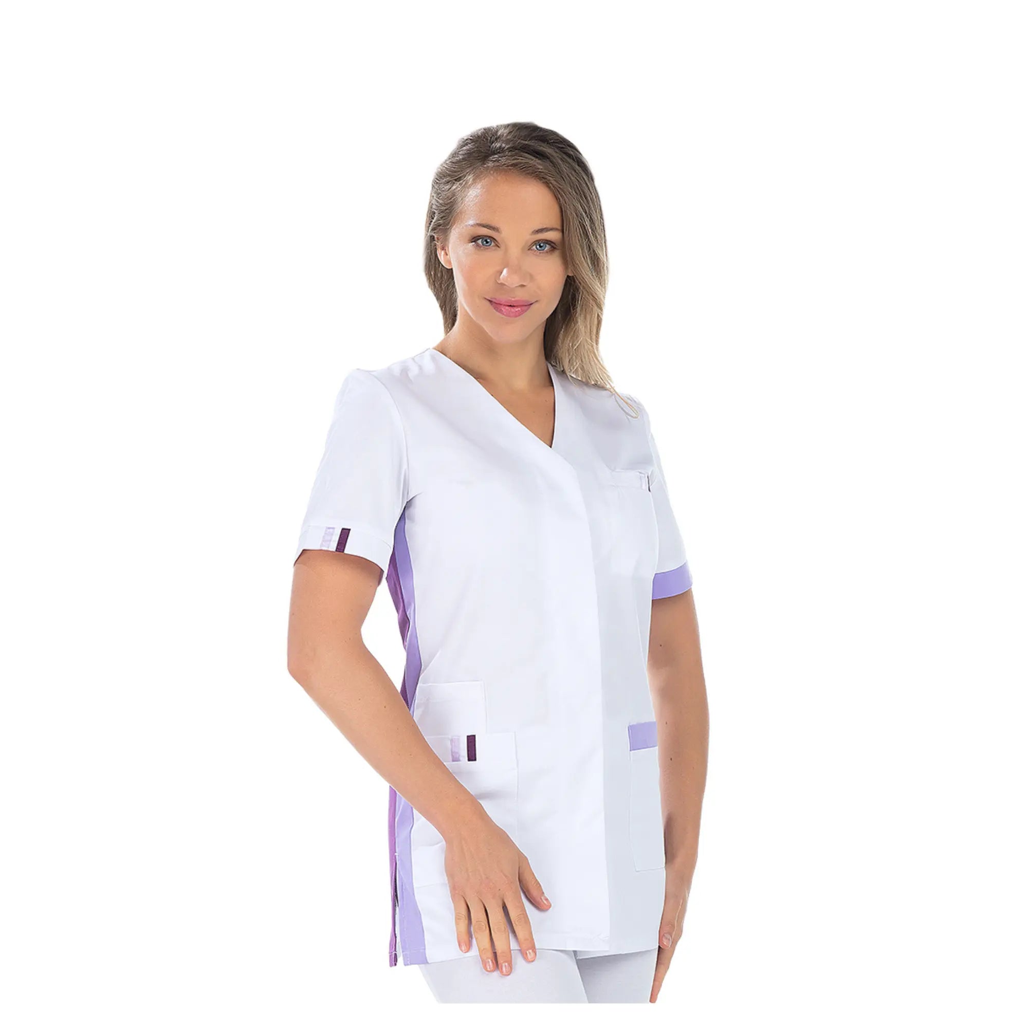 Amélie - Tunique - Manches courtes - Femme - 75 cm My Blouse  Sergé-Blanc-Parme-T7-XXXXL