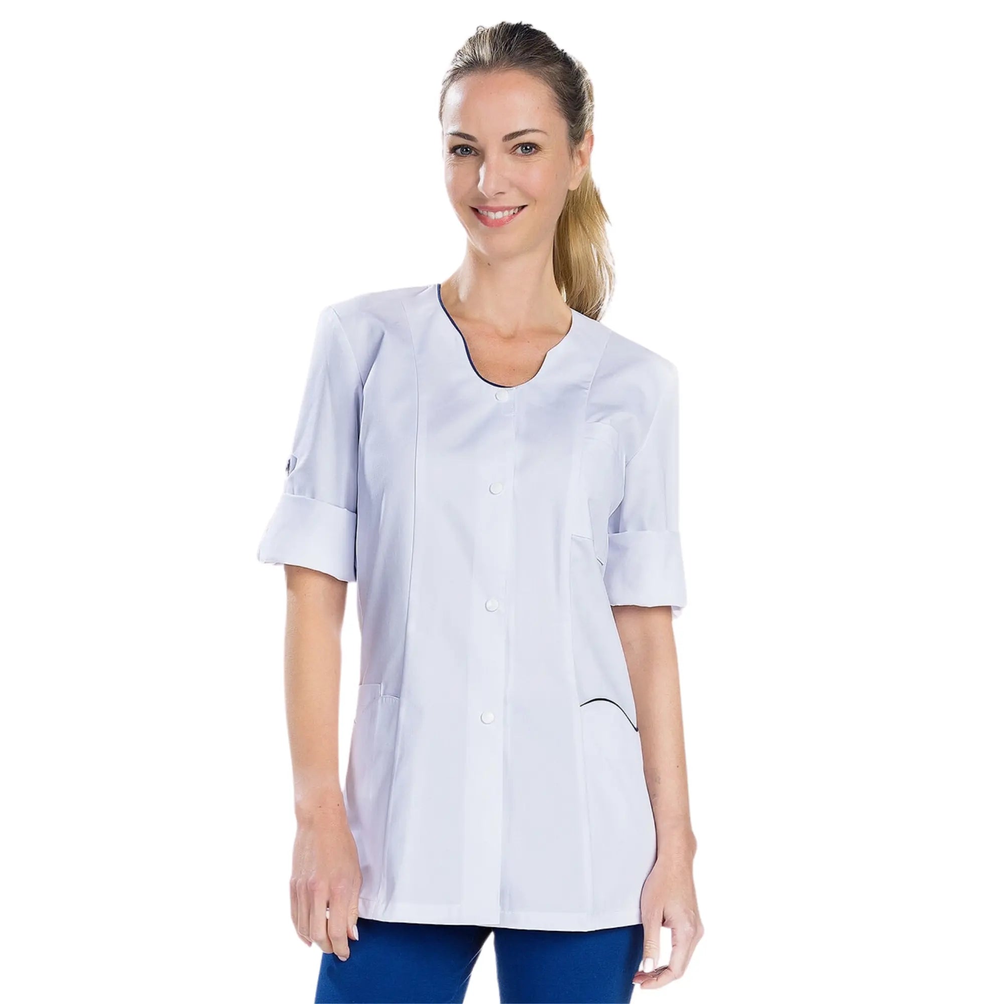 Anaïs - Tunica - Maniche Lunghe - Donna - 75cm My Blouse Twill-Bianco-Navy-T6-XXXL