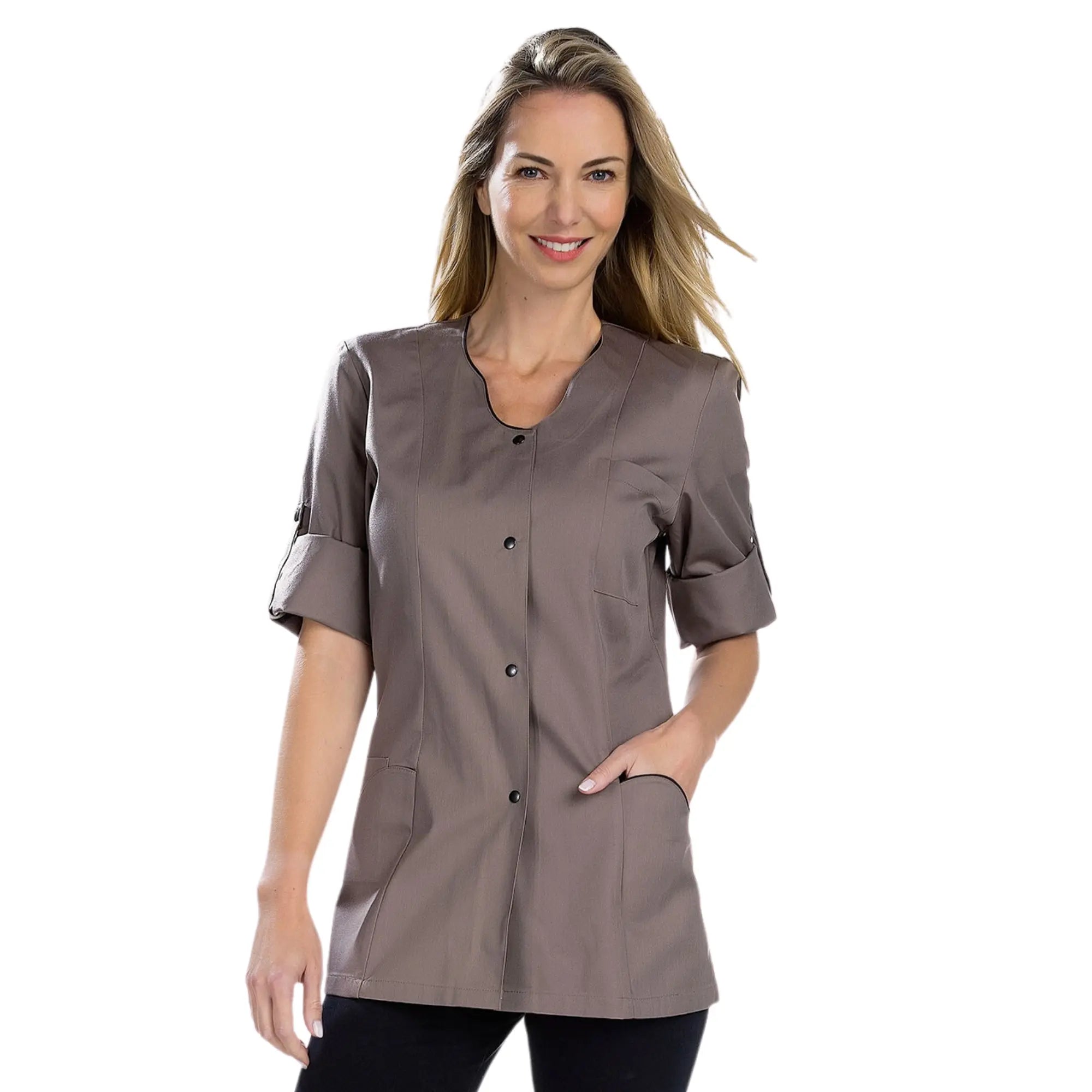 Anaïs - Tunica - Maniche Lunghe - Donna - 75cm My Blouse Twill-Taupe-Nero-T6-XXXL