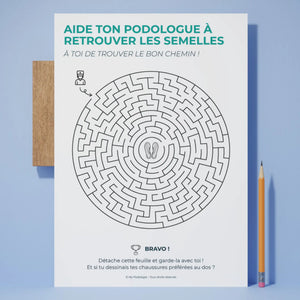 Carnet de jeux enfant : Aide ton podologue à retrouver les semelles (labyrinthe) My Podologie 